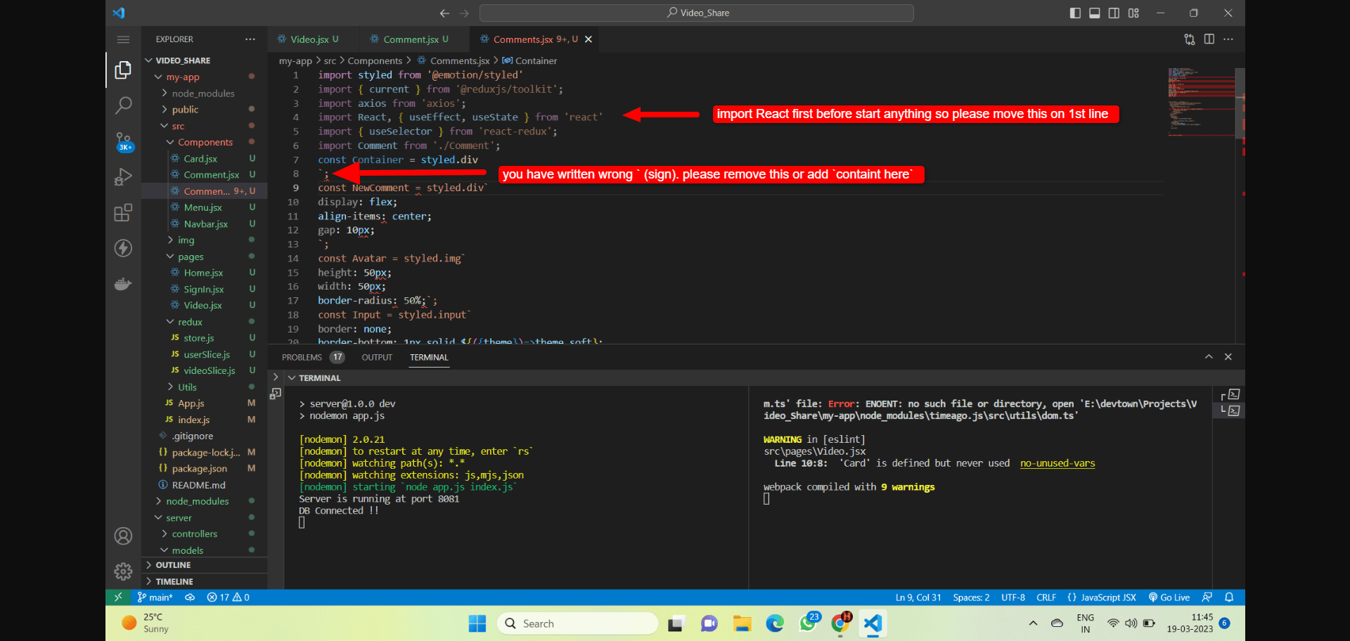 reactjs Npm not responding for changes in a .jsx file after saving it