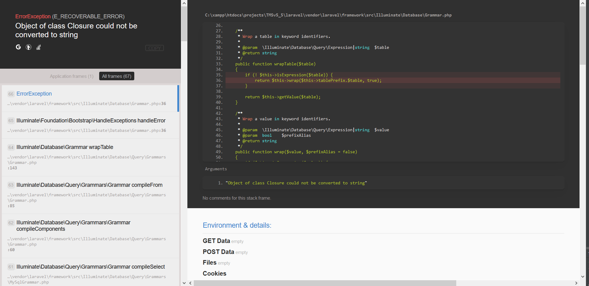 php Object of class Closure could not be converted to string laravel