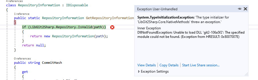 c LibGit2Sharp DllNotFoundException Unable to load DLL 'git2106a5f2' Stack Overflow