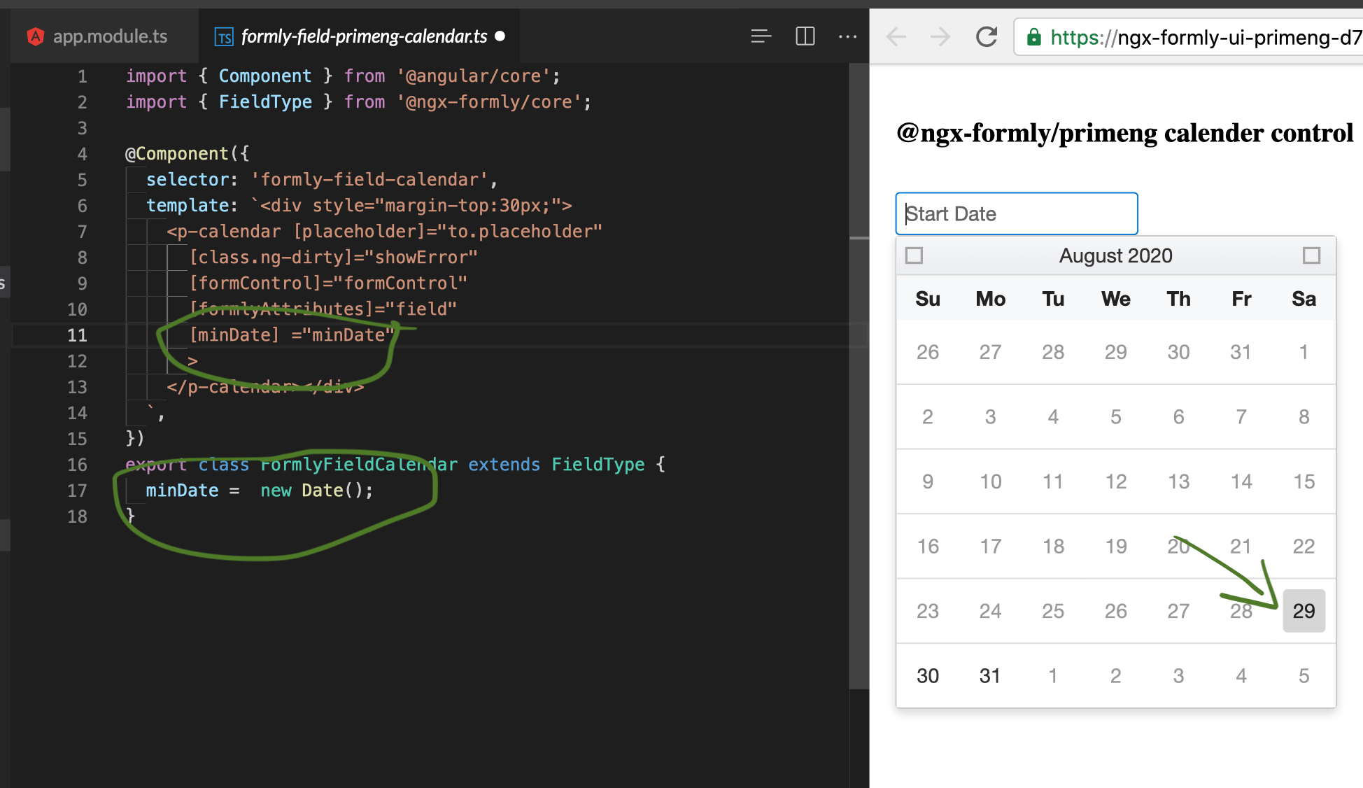 javascript Formly, primeng not able to set value of mindate