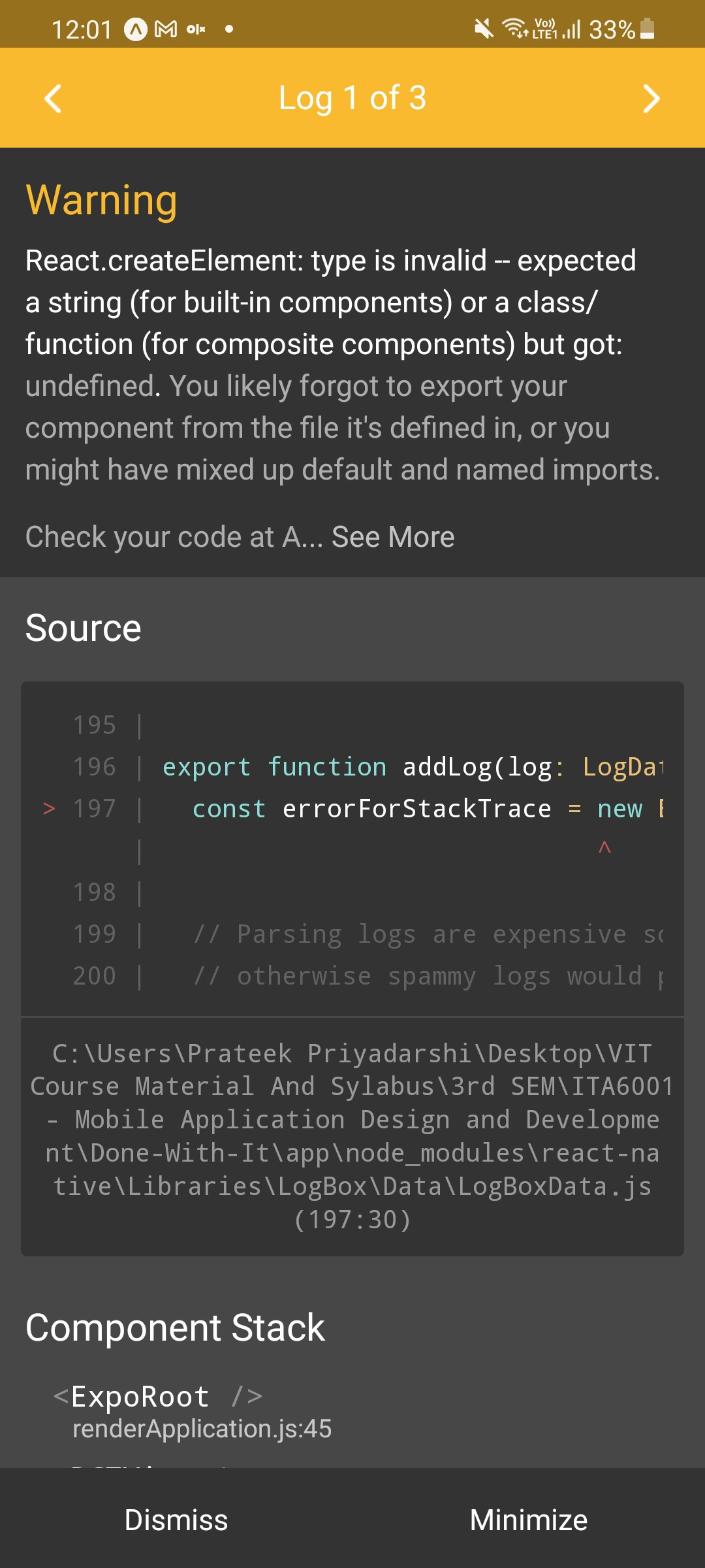 reactjs Error In Running a React Native App Element type is invalid