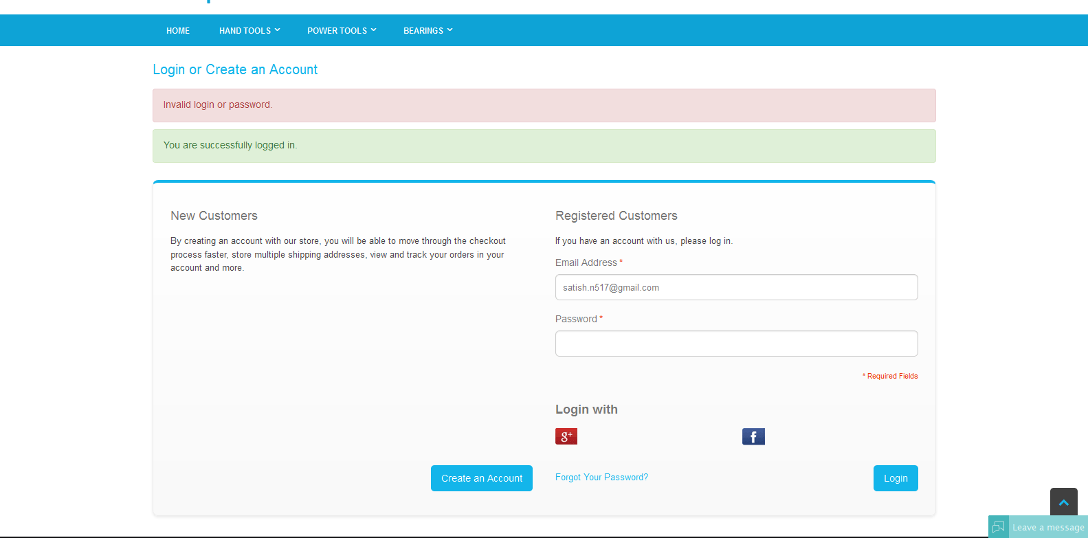 Invalid login at Login page with entered details on front end Magento