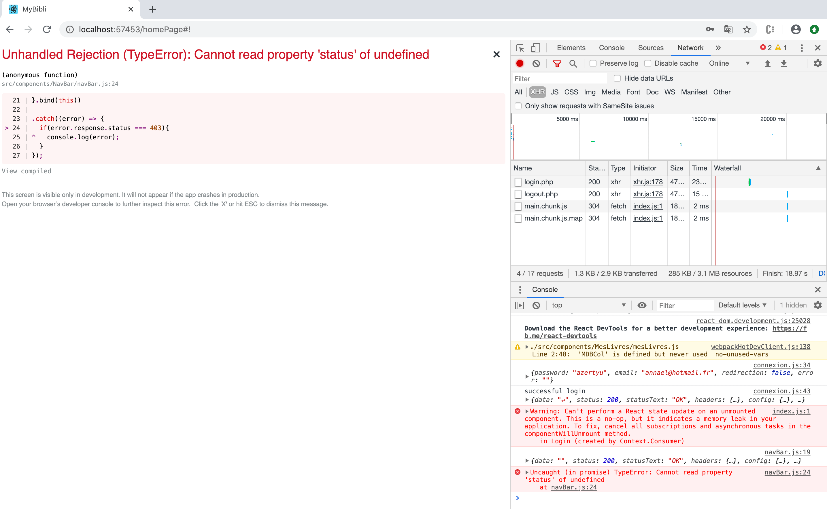 javascript Error Cannot read property ',status', of undefined&quot,, logout