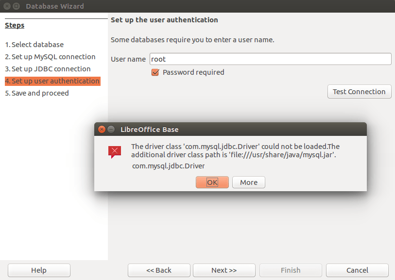 Libreoffice base "The driver class could not