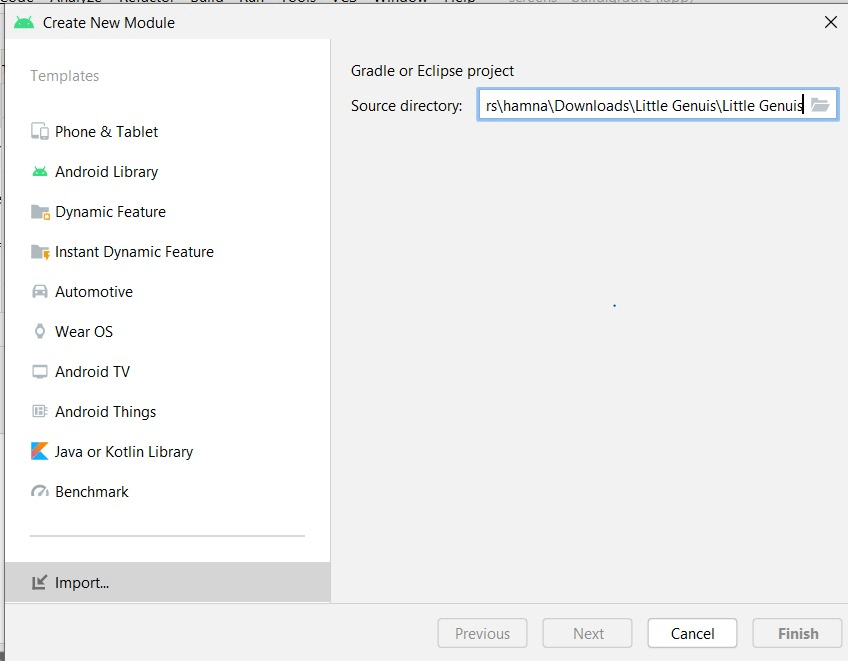cannot click on finish button when importing project Ask