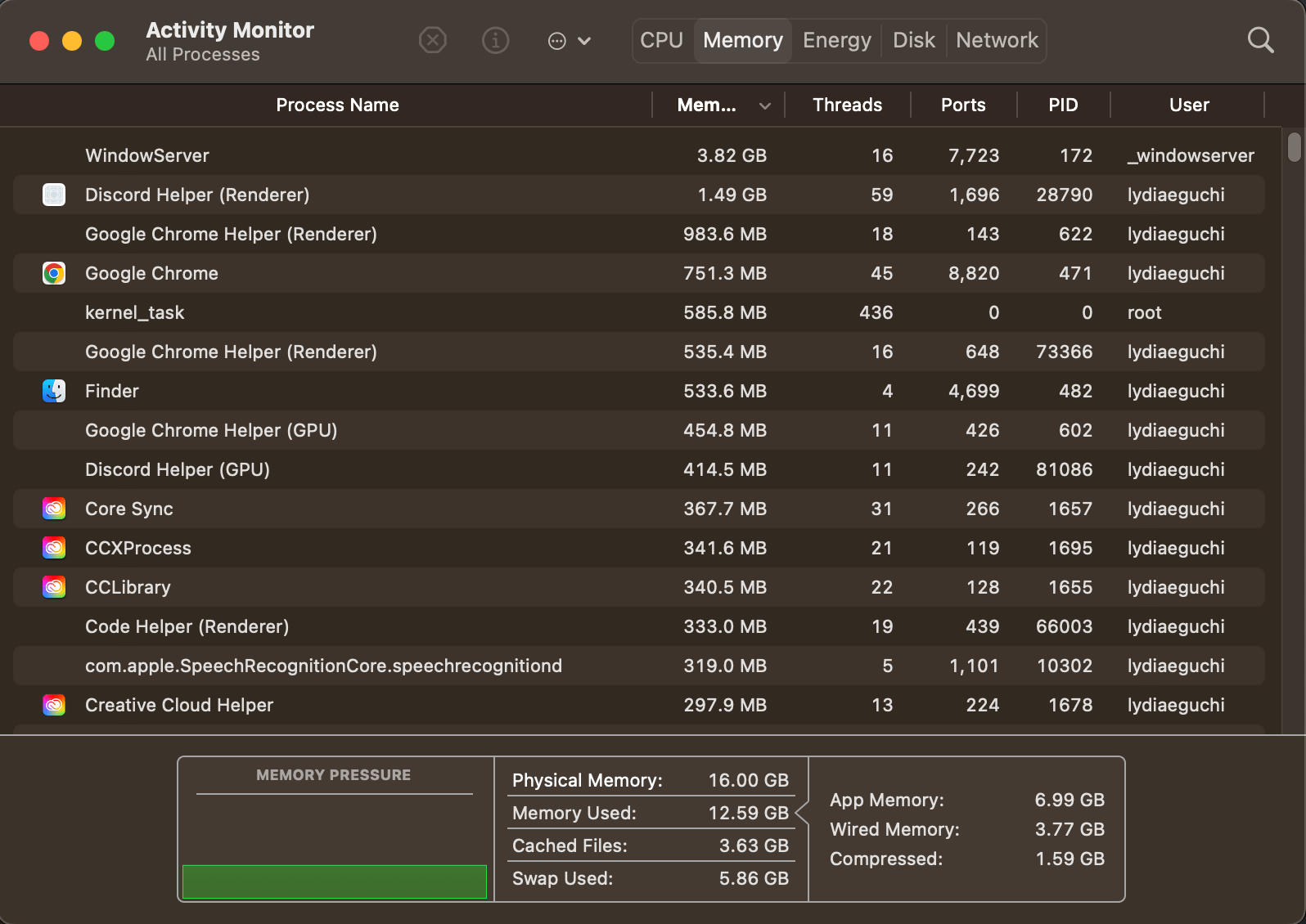 memory Activity Monitor's Process Name connection to each software