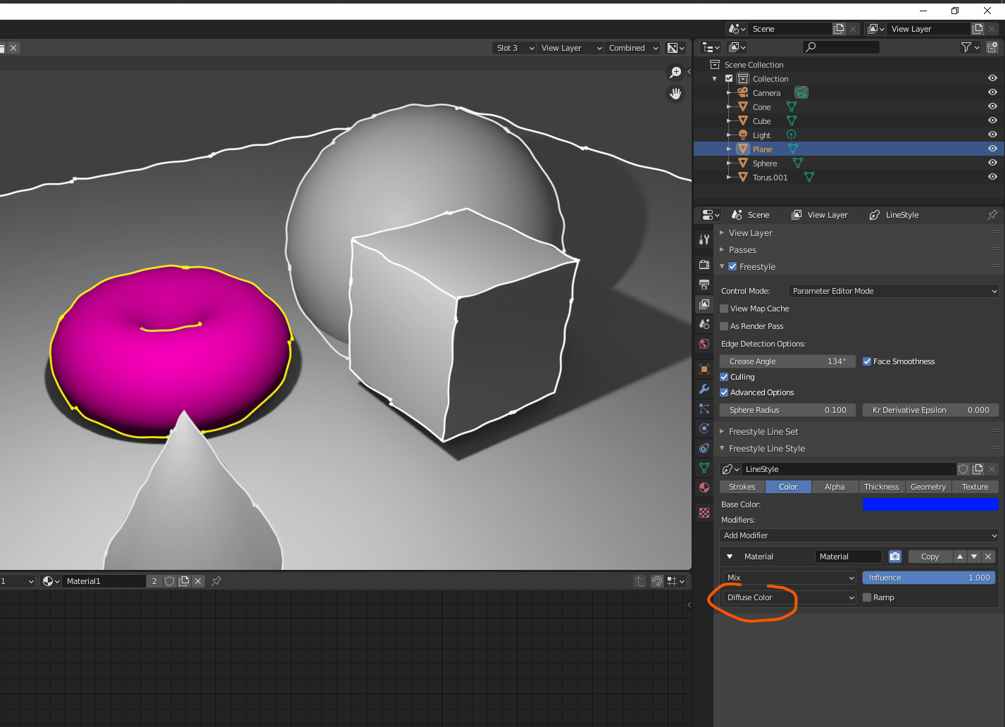 Freestyle line color from underlying material not working as expected