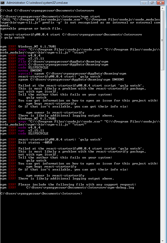node.js npm start is not working for React app on Gulp js Stack