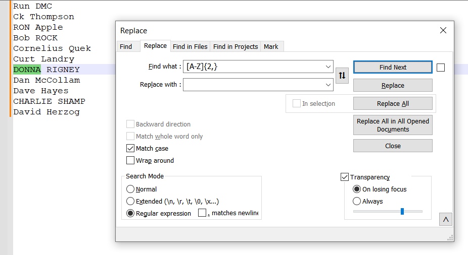 Notepad++ Regex Find all lines with UPPERCASE names, words, or tokens