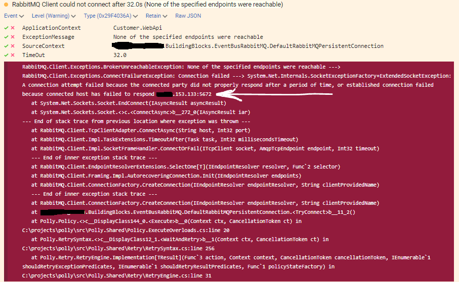 RabbitMQ Client could not connect. (None of