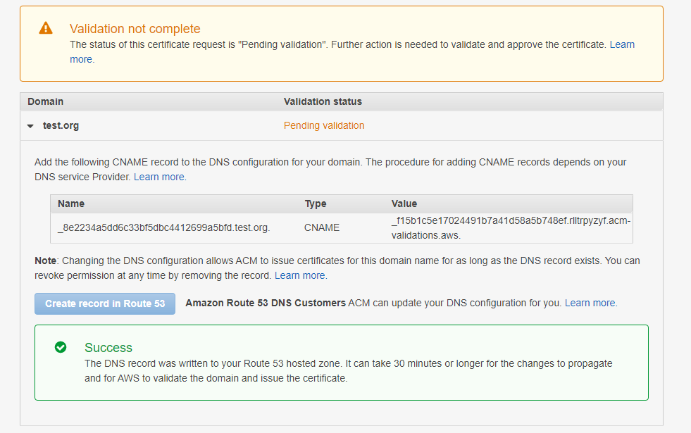 amazon ec2 AWS Certificate request not issued. Error The status of