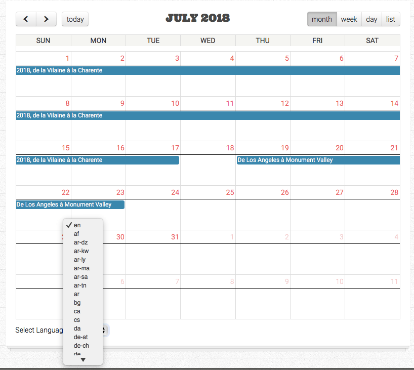 8 FullCalendar how to remove entries from 'Select Language' dropdown