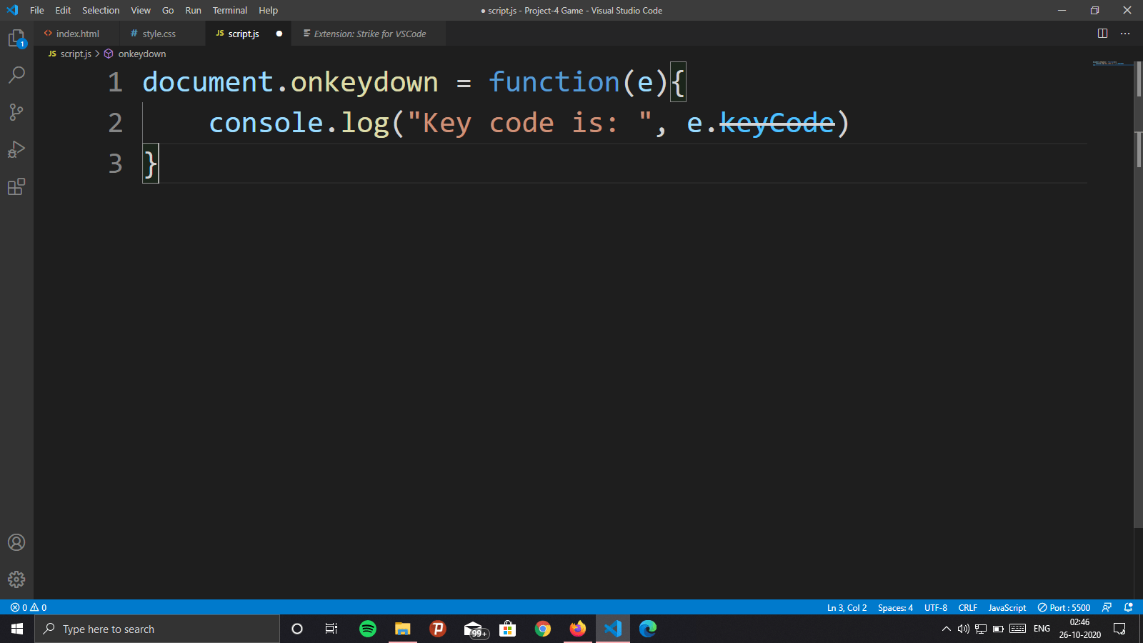 javascript "keyCode" function gets slashed out on writing it in VS