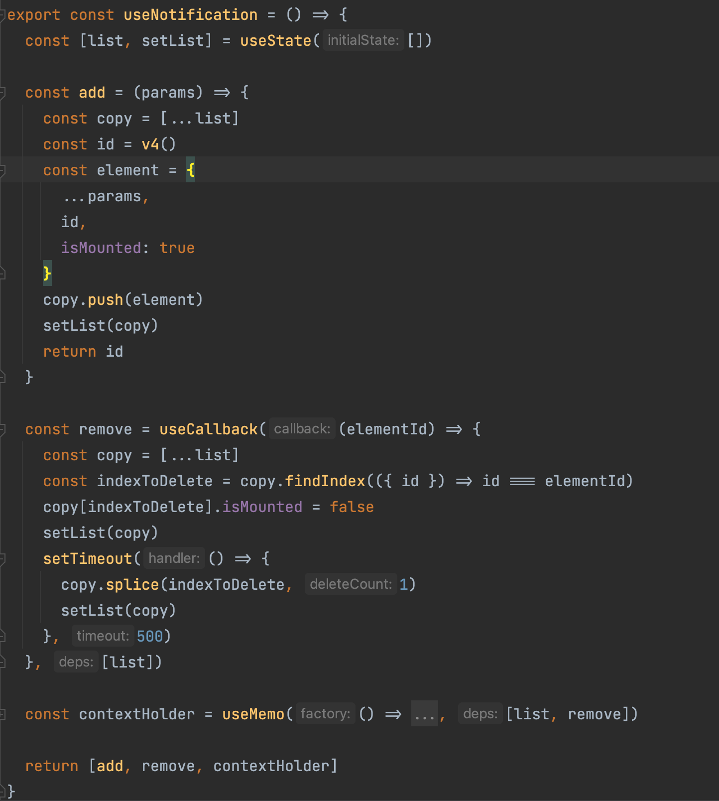 javascript ReactJS Custom hook return function doesn't store actual