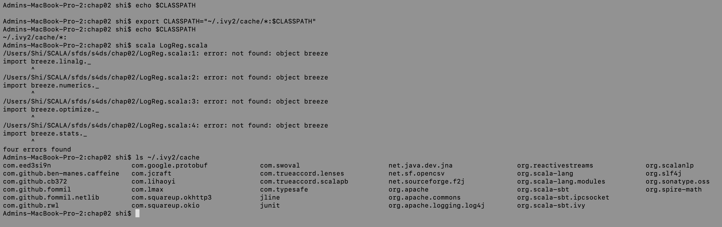 scala import breeze works in sbt console but not from script Stack