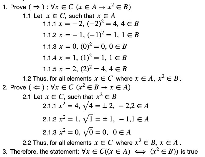discrete mathematics Proof of ∀풙 ∈ 푪 ((풙 ∈ 푨)↔(풙^2 ∈ 푩