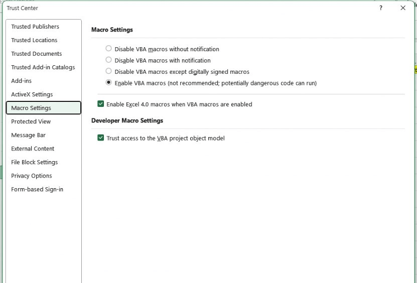 microsoft excel Macros not working from network location even after