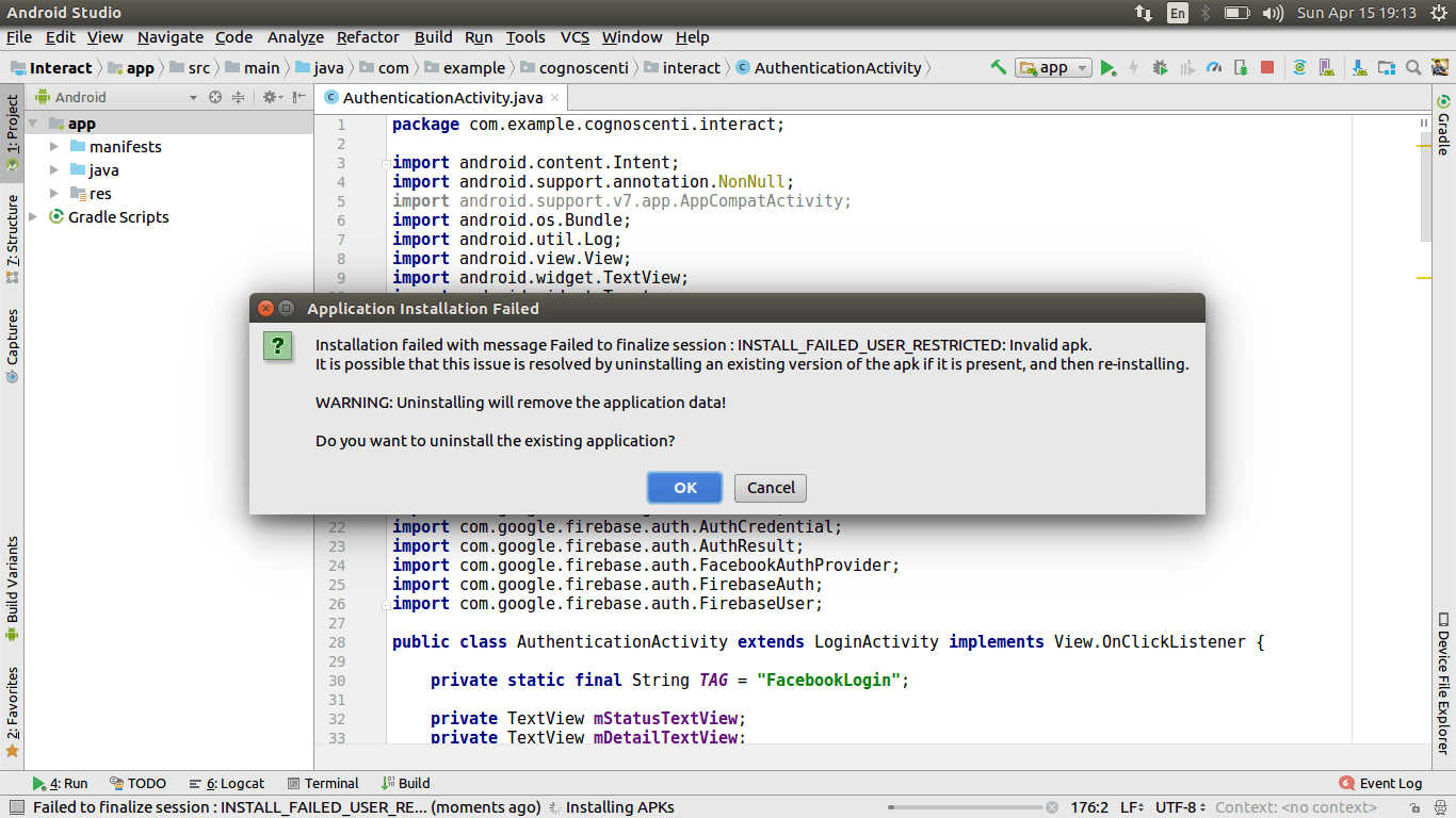 android "Failed to finalize session INSTALL_FAILED_USER_RESTRICTED