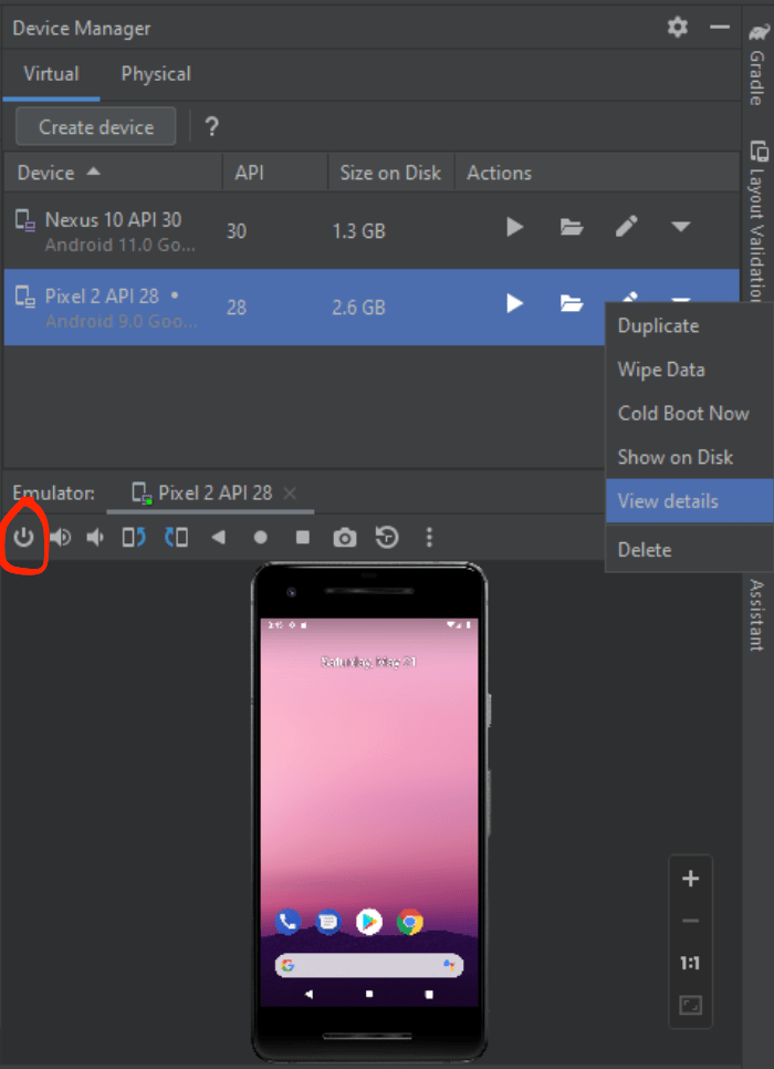 Android emulator won't shut down in Android Studio (I don't see "Stop