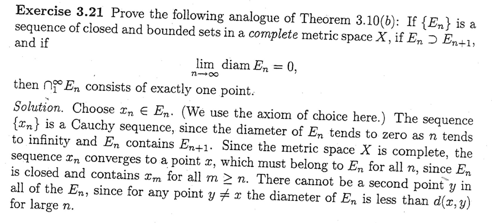 real analysis nested, closed, bounded sets in complete metric space