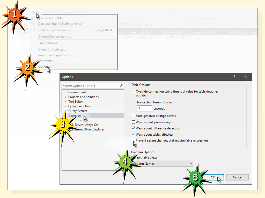 "Prevent saving changes that require the table to be recreated