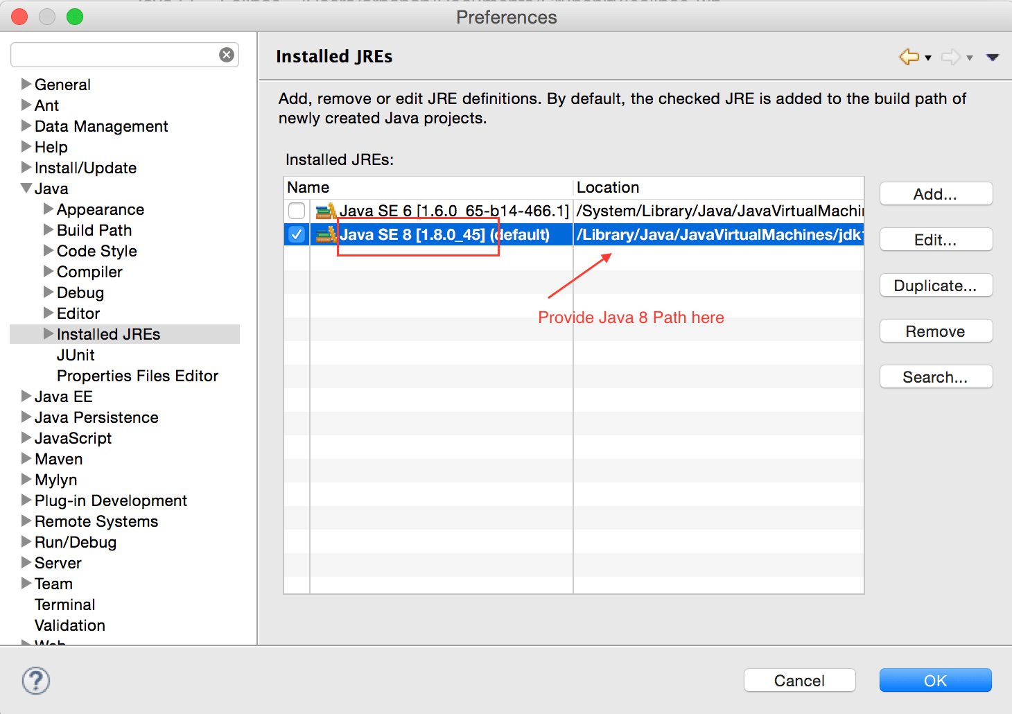 java Eclipse IDE on Mac OS X doesn't find correct JDK path after