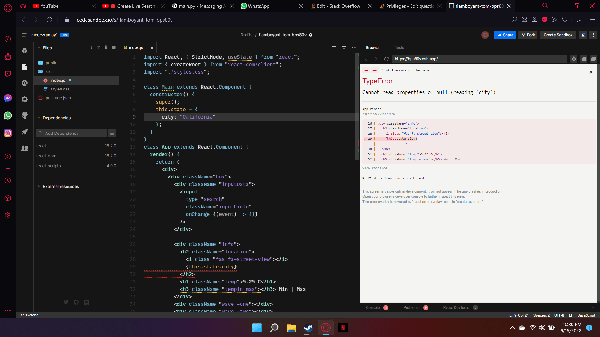 javascript React Type error cannot read properties of null even