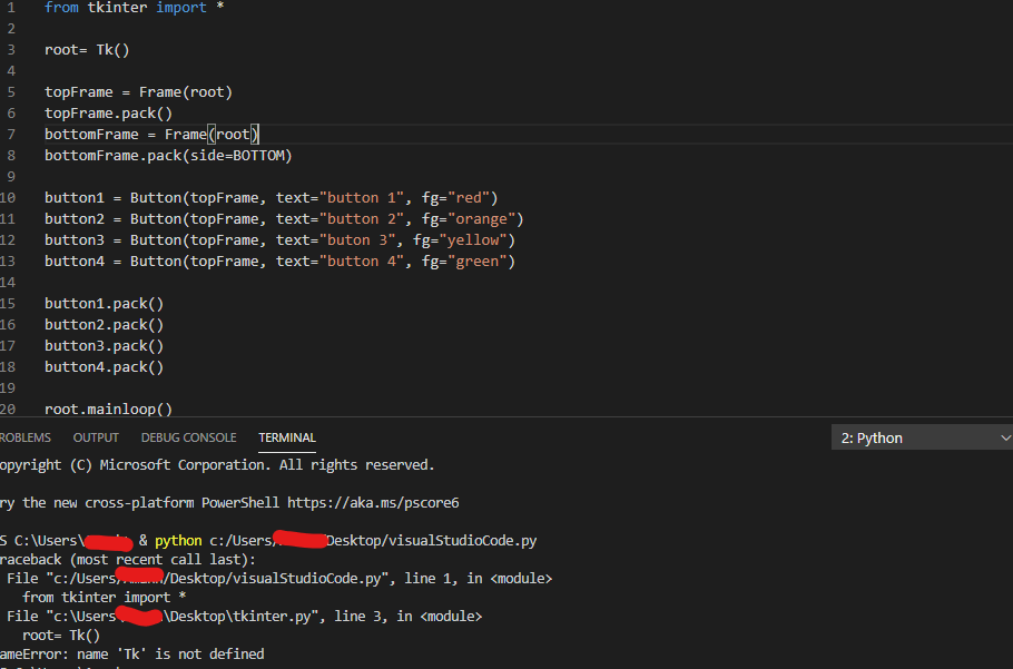 tkinter Difficulty running a Python code in Visual