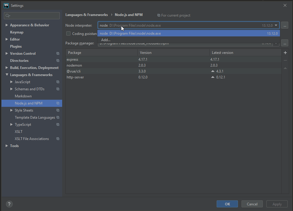 Enable Coding assistance for Node.js in WebStorm Stack