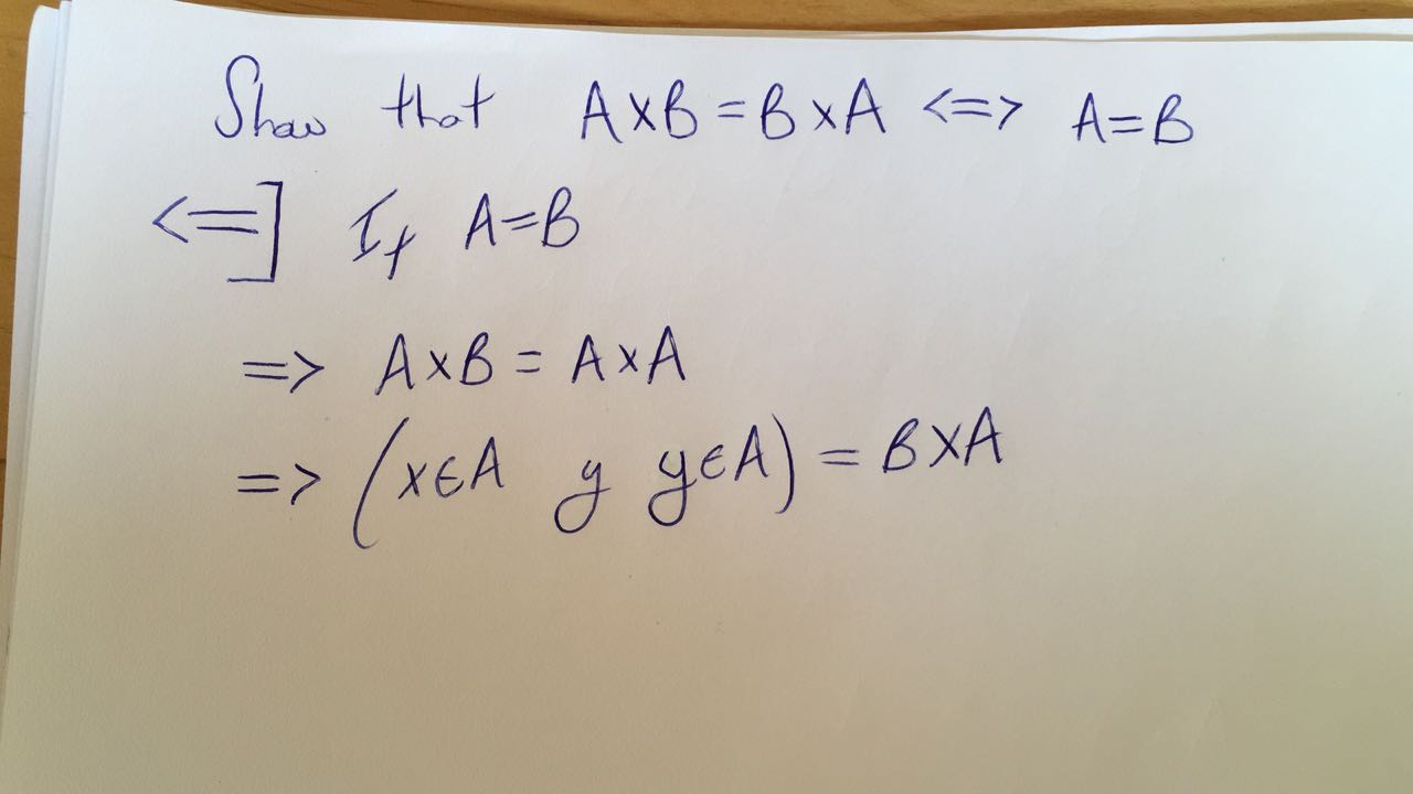 elementary set theory Show that A\times B=B\times A if and only if