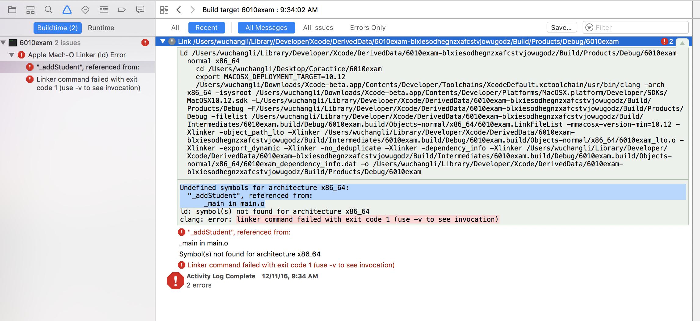 Xcode error "Undefined symbols for architecture x86_64 "_addStudent