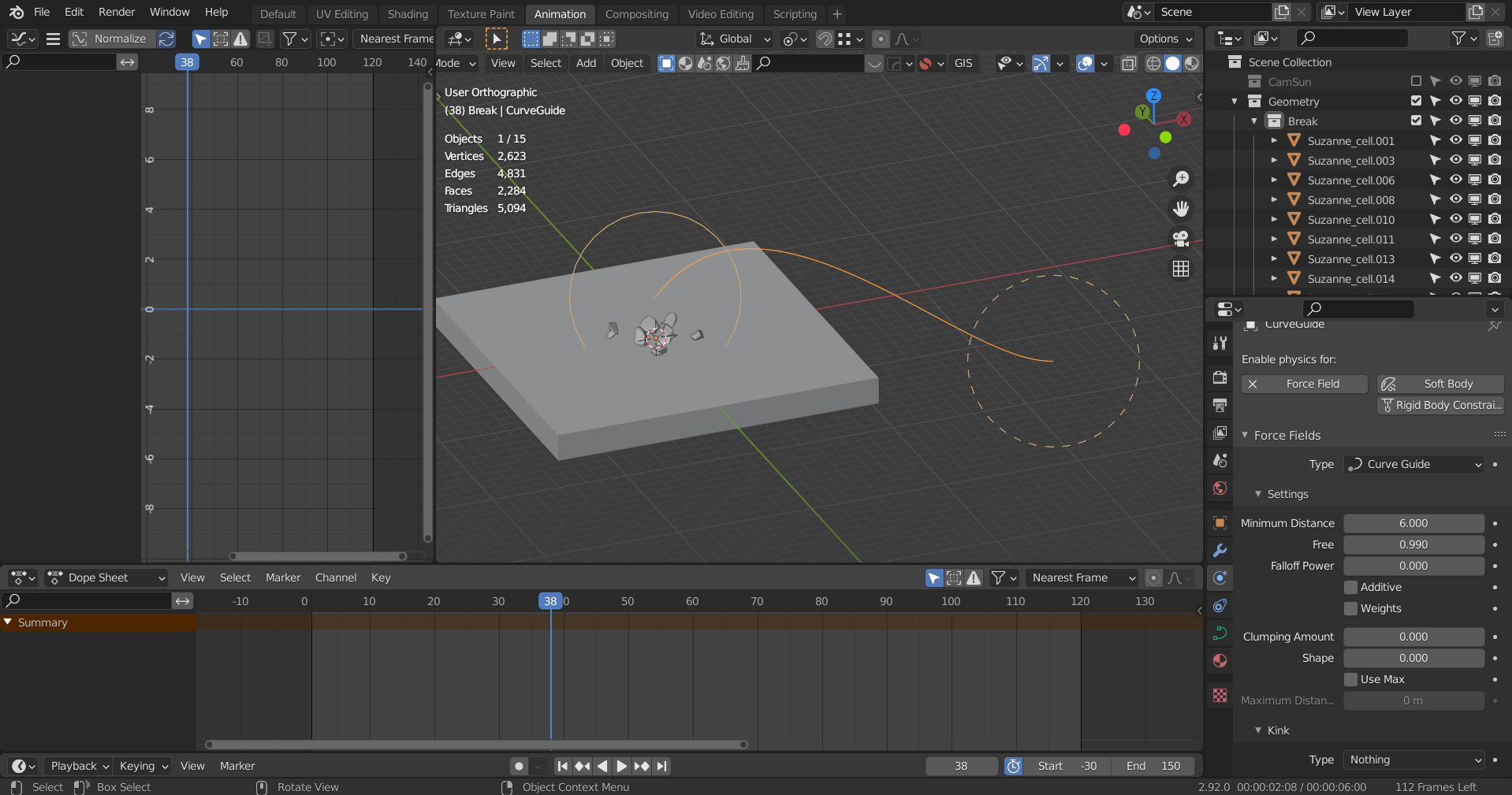 How do I make rigid bodies use a curve guide force? Blender Stack