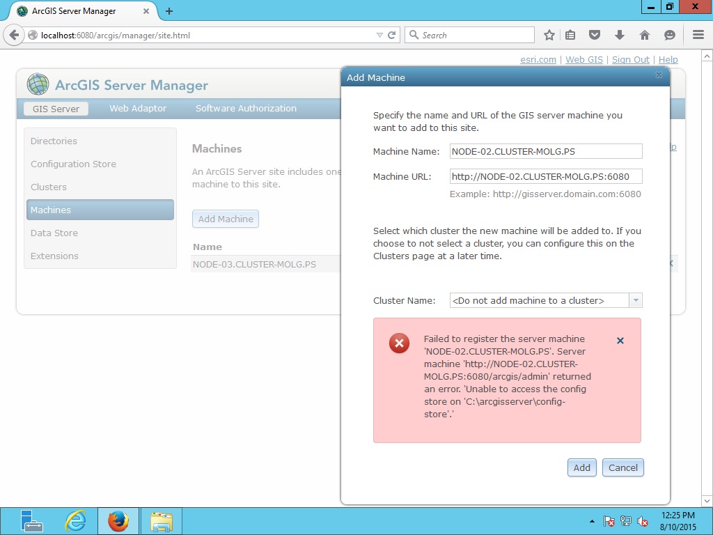 installation ArcGIS server 10.3 fails to add machines to the cluster