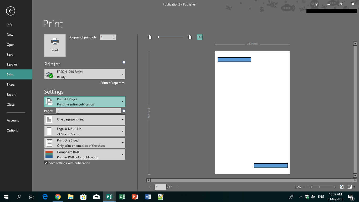 Publisher Benutzerdefiniertes Papierformat von 8,5 x 13 kann nicht