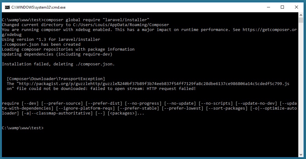 php Unable to download & install Laravel 5 with composer. Error HTTP