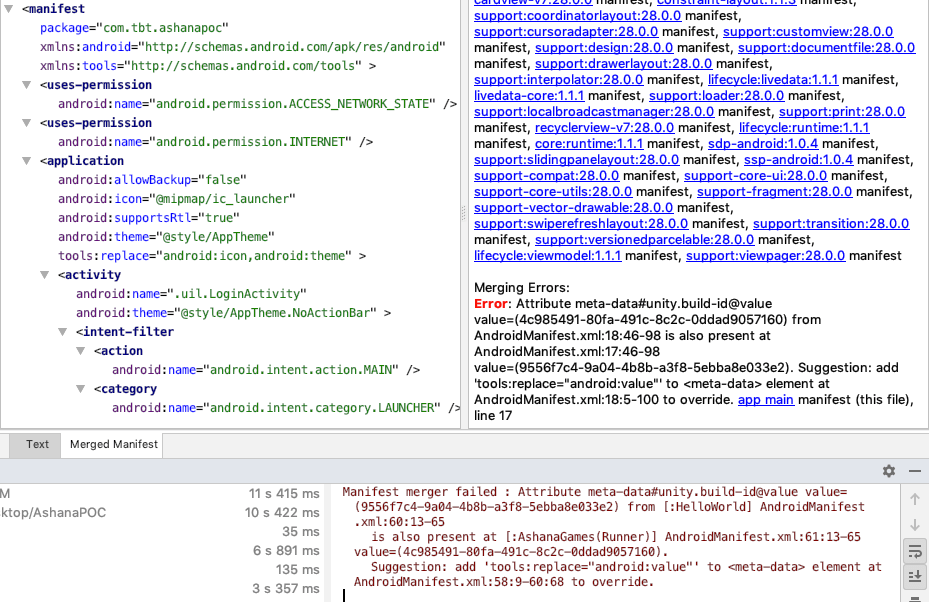 android Manifest merger failed when adding multiple unity game as