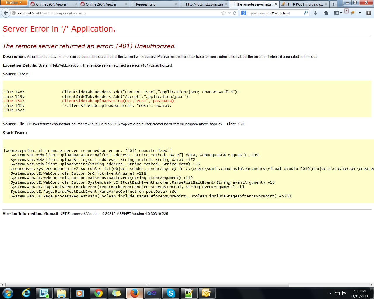 c HTTP POST is giving unauthorized 401 Exception Stack Overflow