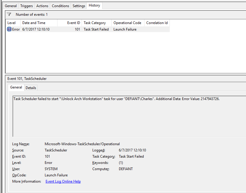 Windows 10 Scheduled tasks with workstation lock/unlock not being