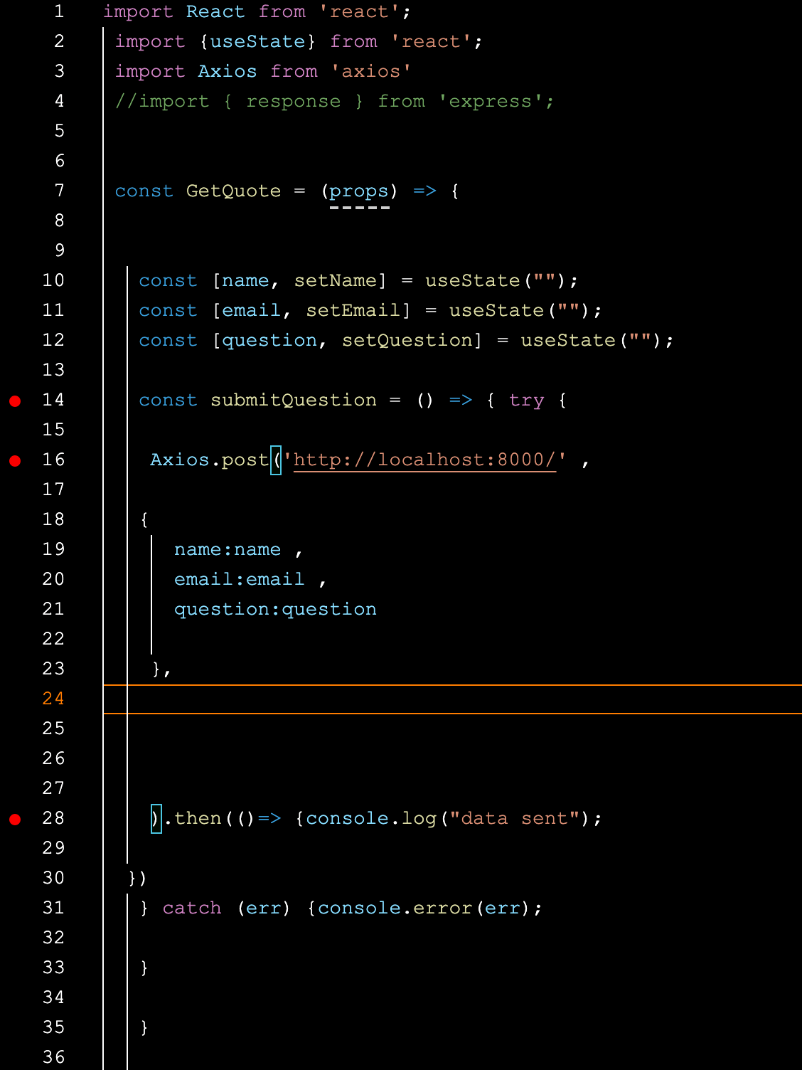 node.js How do I debug Axios frontend POST (React) to backend express POST? Console shows