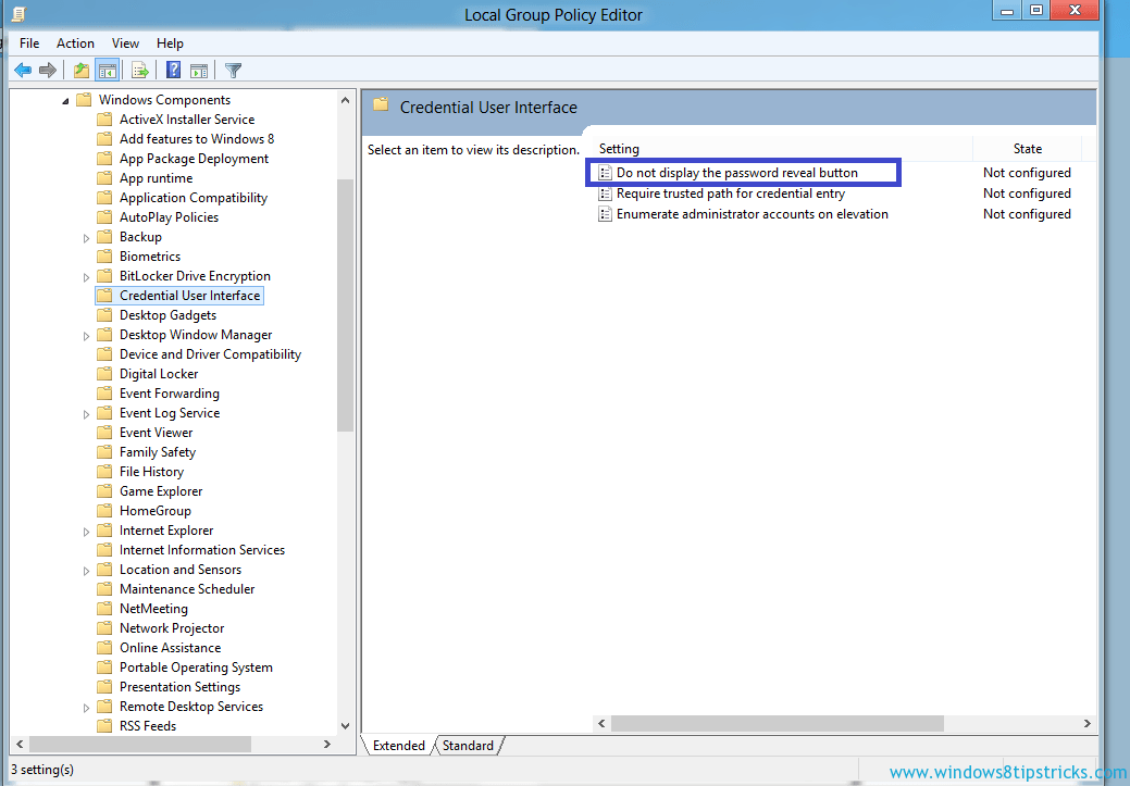 How do I remove the "eye symbol" from password fields in Windows 8