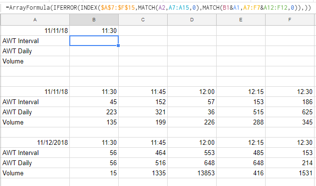 arrays Index Match multiple criteria and multiple rows google sheets