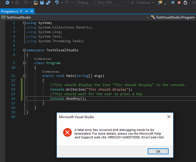 c Visual Studio 2017 is not executing any code nor generating any