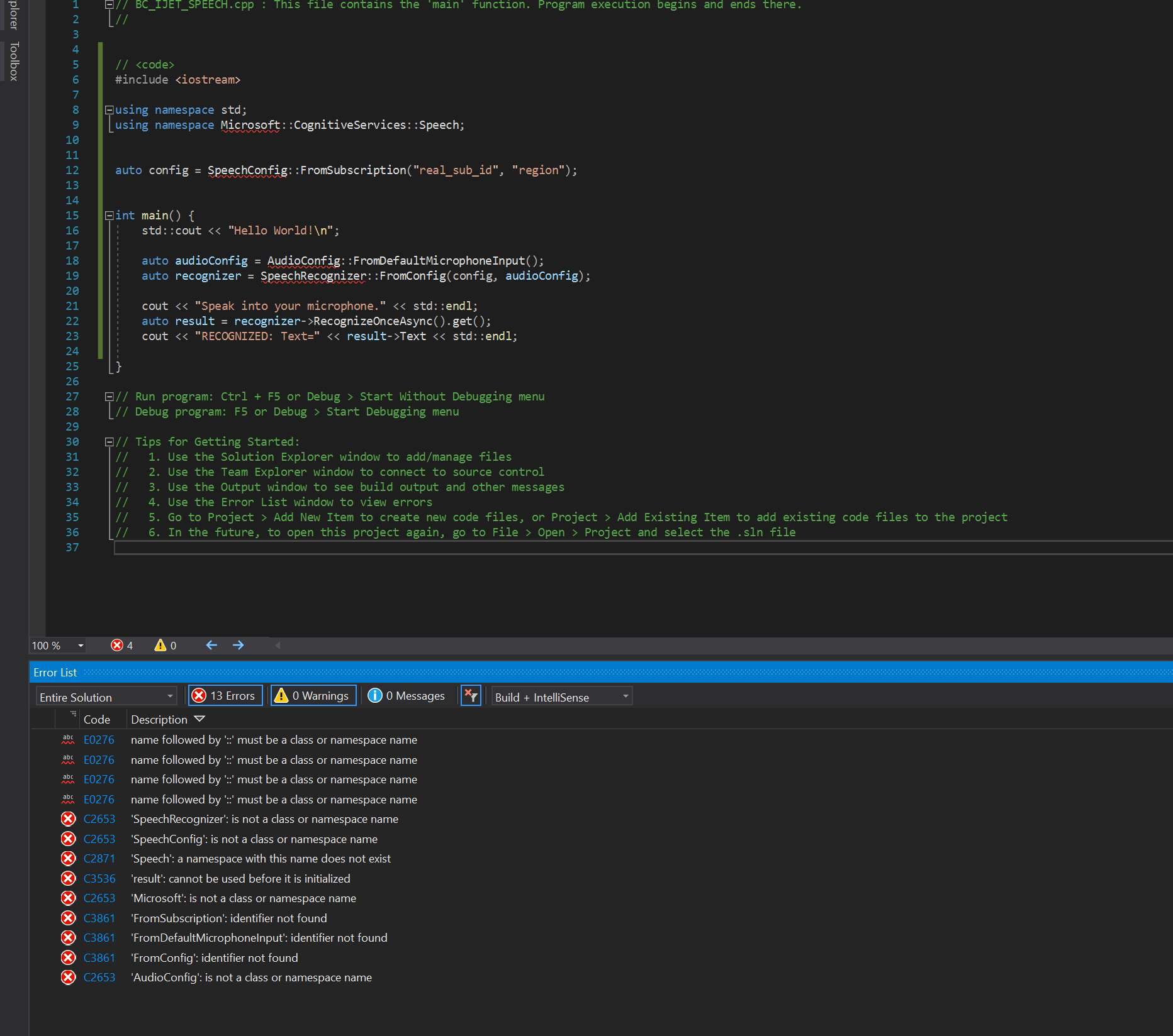 c++ Visual Studio stating "Microsoft is not a class or namespace name
