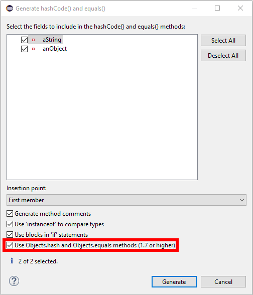 java How to teach eclipse to generate compact equals