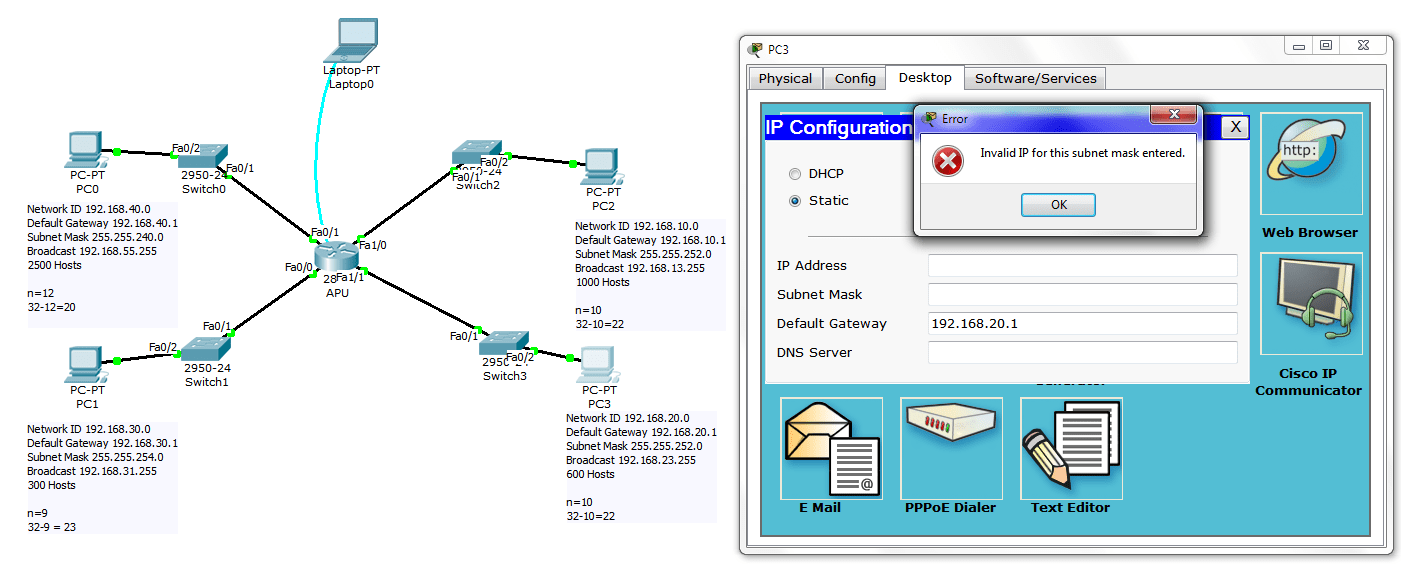 windows Cisco Packet Tracer error "Invalid IP for this mask