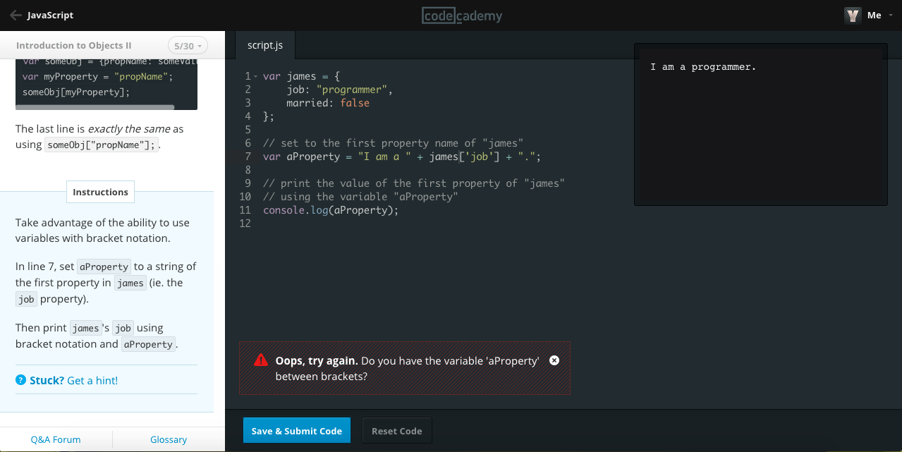 javascript JS Exercise on Codecademy not working accessing object