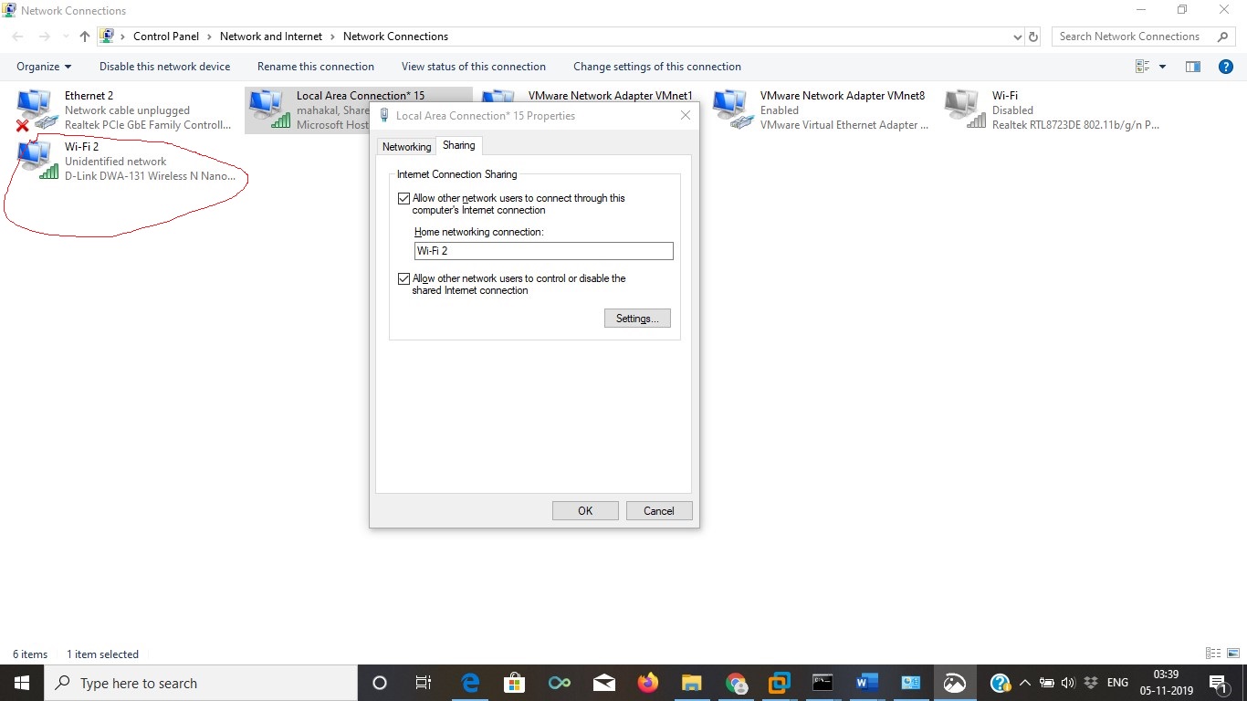 networking sharing via virtual adapter created on USB wifi