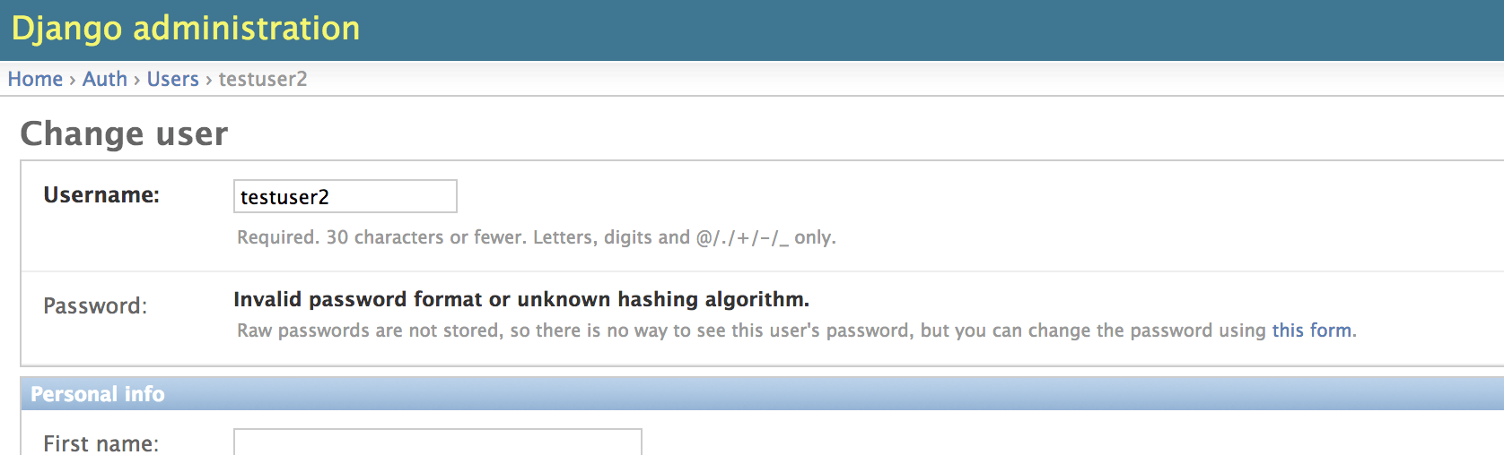 using User.objects.get_or_create() gives invalid password