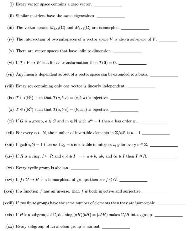 A book with True/False questions for abstract algebra Mathematics