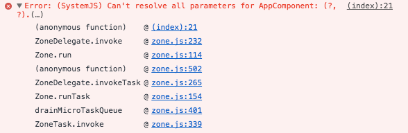 javascript Angular 2 (SystemJS) Can't resolve all parameters for